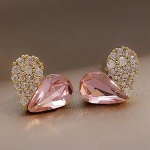 Pink CZ Heart Stud Earrings Gold Tone Crystal Accent NWT